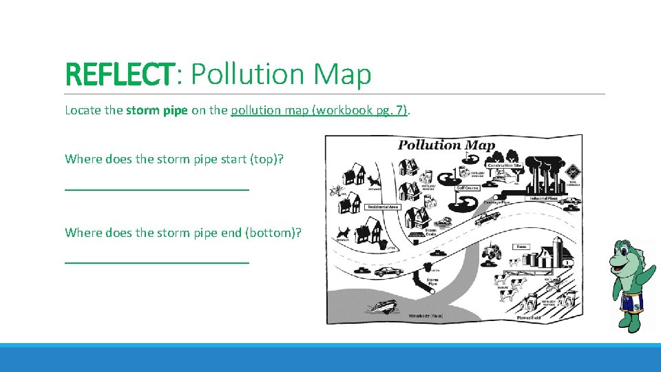REFLECT: Pollution Map Locate the storm pipe on the pollution map (workbook pg. 7).