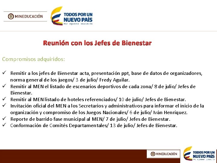 Compromisos adquiridos: ü Remitir a los jefes de Bienestar acta, presentación ppt, base de