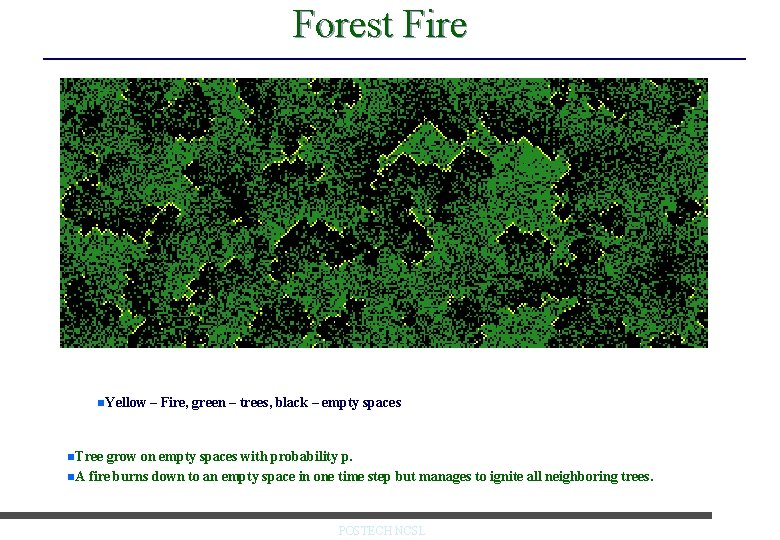 Forest Fire n. Yellow – Fire, green – trees, black – empty spaces n.