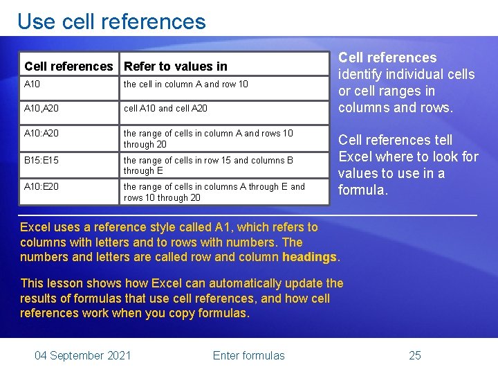 Use cell references Cell references Refer to values in A 10 the cell in