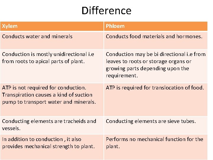 Difference Xylem Phloem Conducts water and minerals Conducts food materials and hormones. Conduction is Difference Xylem Phloem Conducts water and minerals Conducts food materials and hormones. Conduction is
