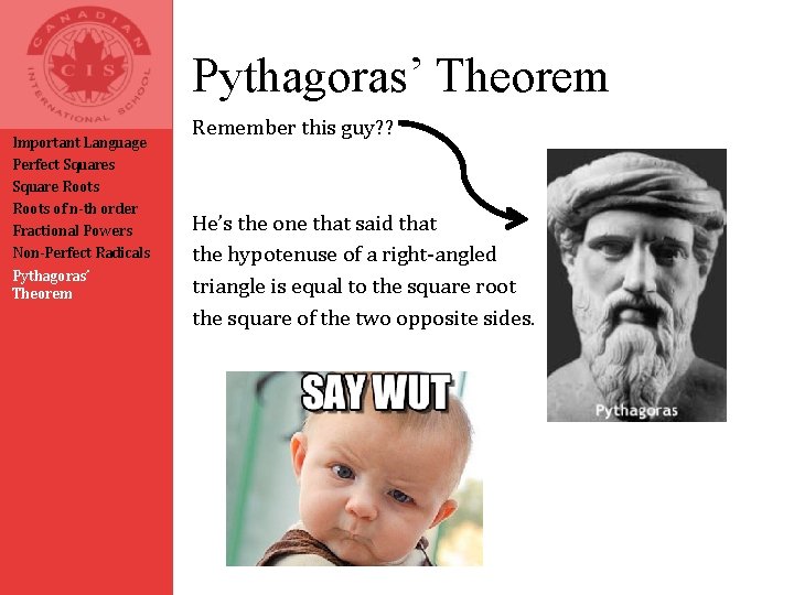 Pythagoras’ Theorem Important Language Perfect Squares Square Roots of n-th order Fractional Powers Non-Perfect