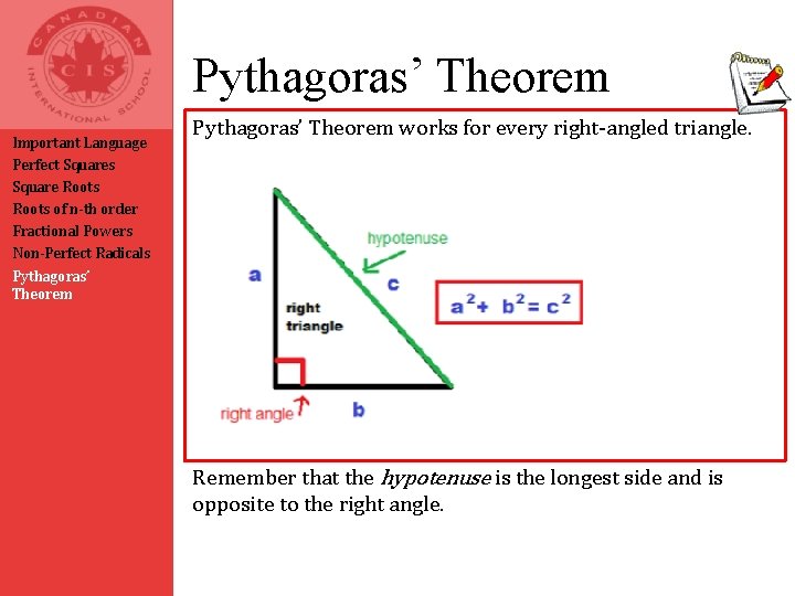 Pythagoras’ Theorem Important Language Perfect Squares Square Roots of n-th order Fractional Powers Non-Perfect