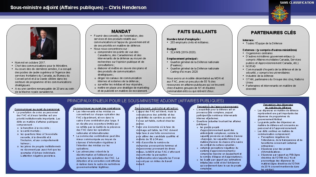 SANS CLASSIFICATION Sous-ministre adjoint (Affaires publiques) – Chris Henderson MANDAT X • Nommé en