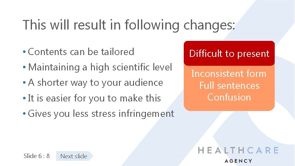 This will result in following changes: • Contents can be tailored • Maintaining a