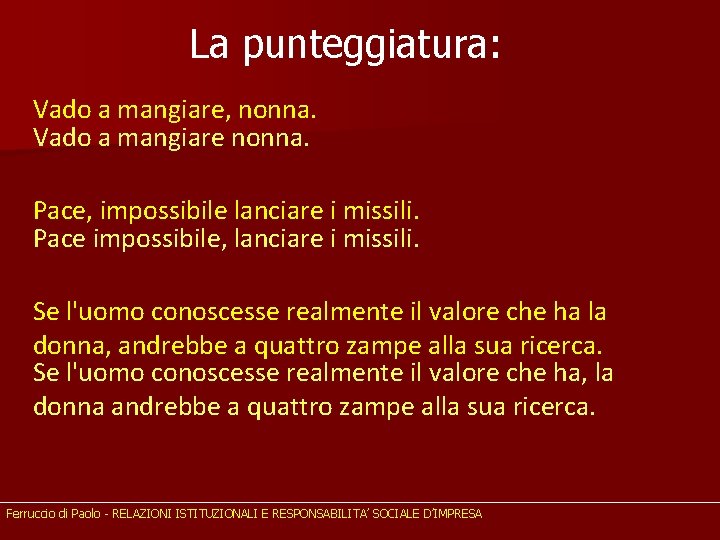 La punteggiatura: Vado a mangiare, nonna. Vado a mangiare nonna. Pace, impossibile lanciare i