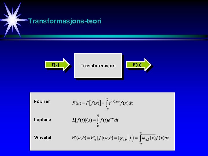 Transformasjons-teori f(x) Fourier Laplace Wavelet Transformasjon F(u) 