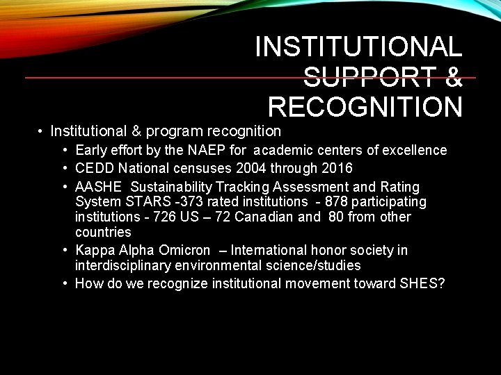INSTITUTIONAL SUPPORT & RECOGNITION • Institutional & program recognition • Early effort by the