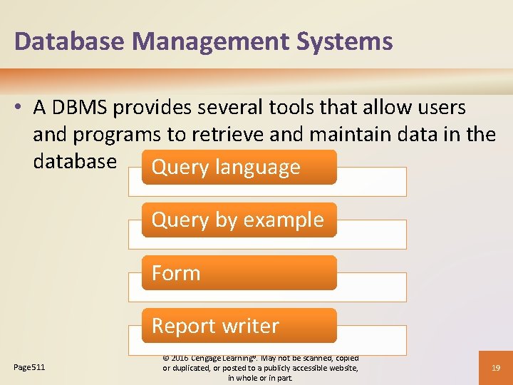 Database Management Systems • A DBMS provides several tools that allow users and programs