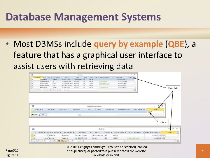 Database Management Systems • Most DBMSs include query by example (QBE), a feature that