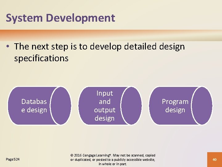 System Development • The next step is to develop detailed design specifications Databas e