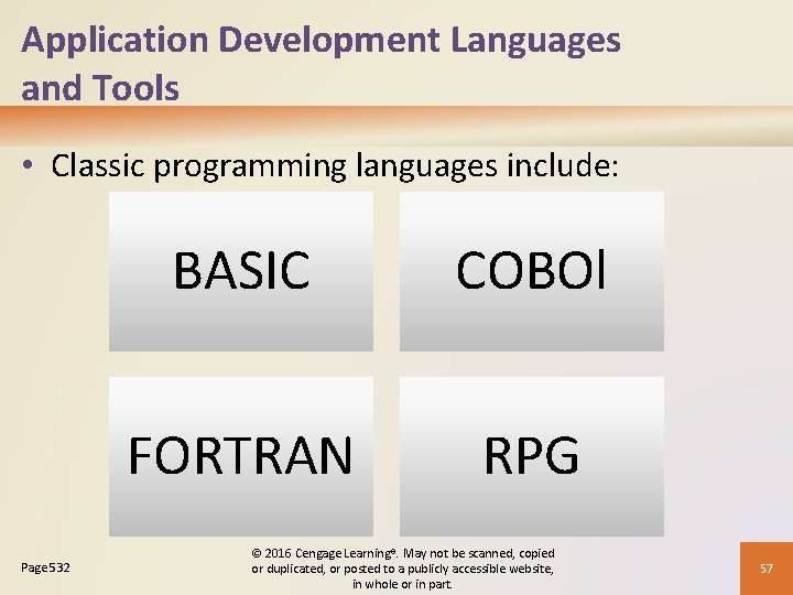 Application Development Languages and Tools • Classic programming languages include: Page 532 BASIC COBOl