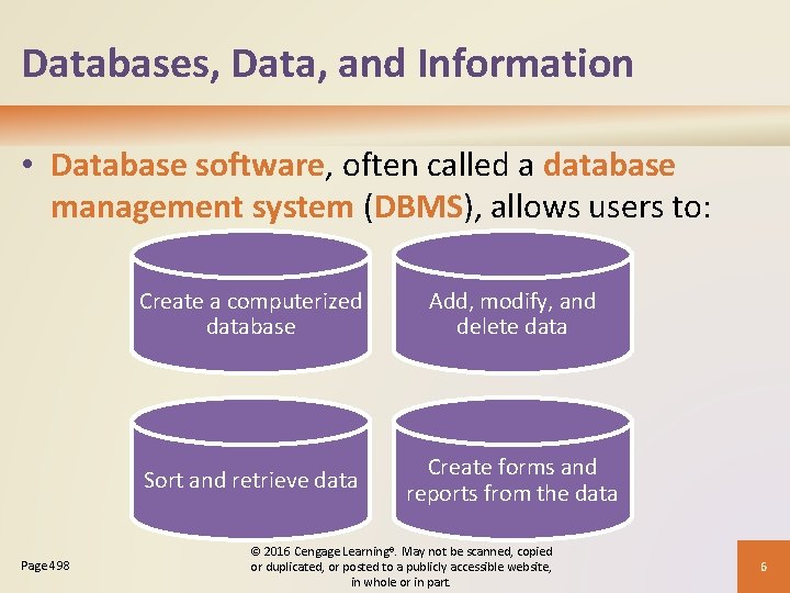 Databases, Data, and Information • Database software, often called a database management system (DBMS),
