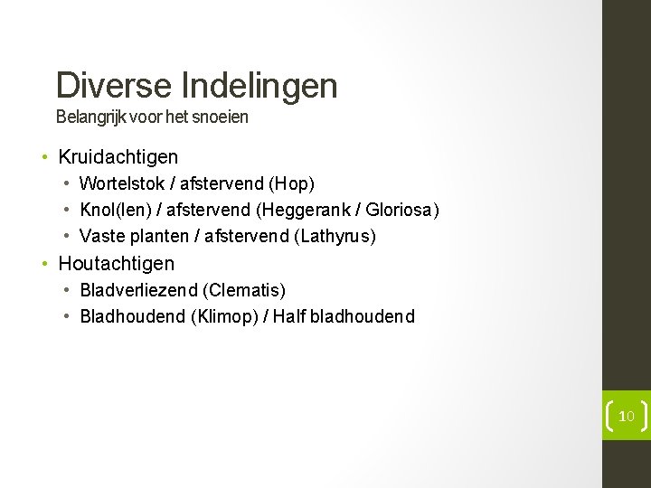 Diverse Indelingen Belangrijk voor het snoeien • Kruidachtigen • Wortelstok / afstervend (Hop) •