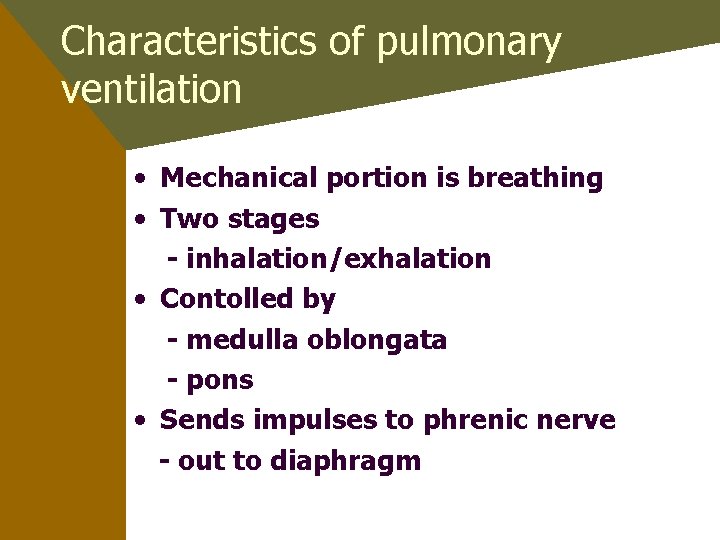 Characteristics of pulmonary ventilation • Mechanical portion is breathing • Two stages - inhalation/exhalation
