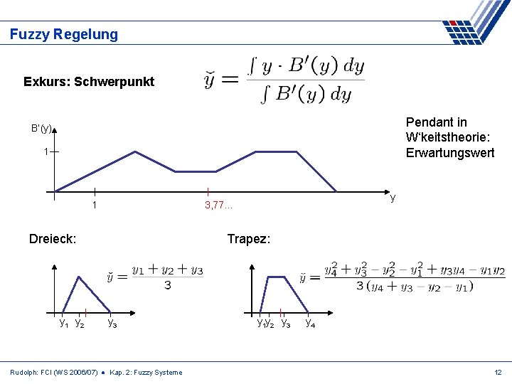 Fuzzy Regelung Exkurs: Schwerpunkt Pendant in W‘keitstheorie: Erwartungswert B‘(y) 1 1 Dreieck: y 1