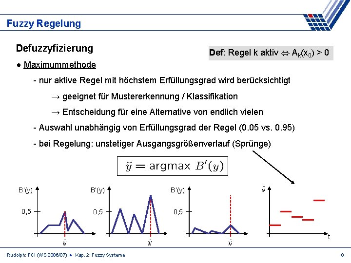 Fuzzy Regelung Defuzzyfizierung Def: Regel k aktiv , Ak(x 0) > 0 ● Maximummethode