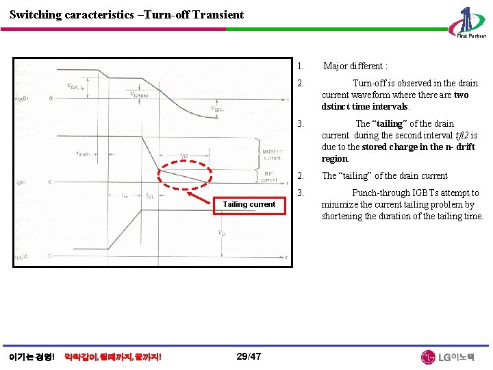 Switching caracteristics –Turn-off Transient Tailing current 이기는 경영! 악착같이, 될때까지, 끝까지! 29/47 1. Major