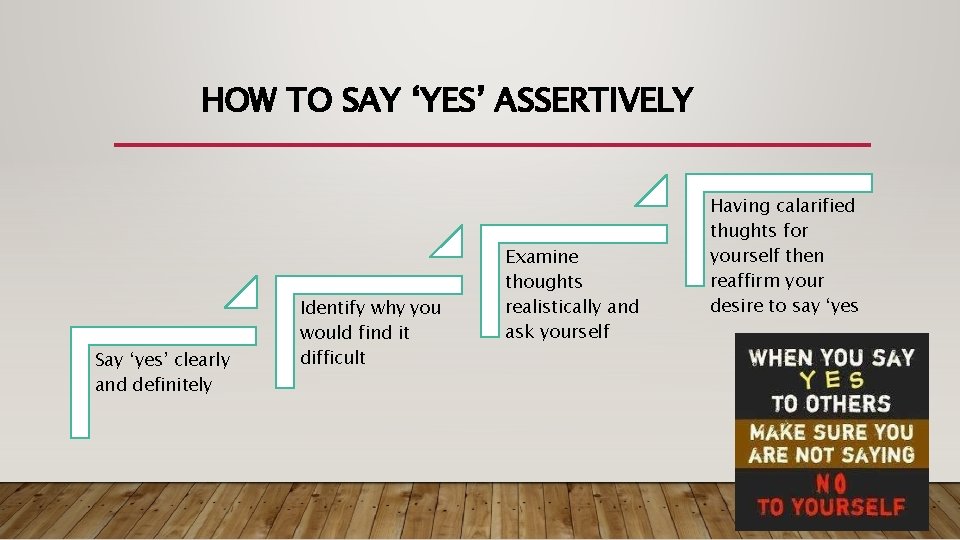 HOW TO SAY ‘YES’ ASSERTIVELY Say ‘yes’ clearly and definitely Identify why you would