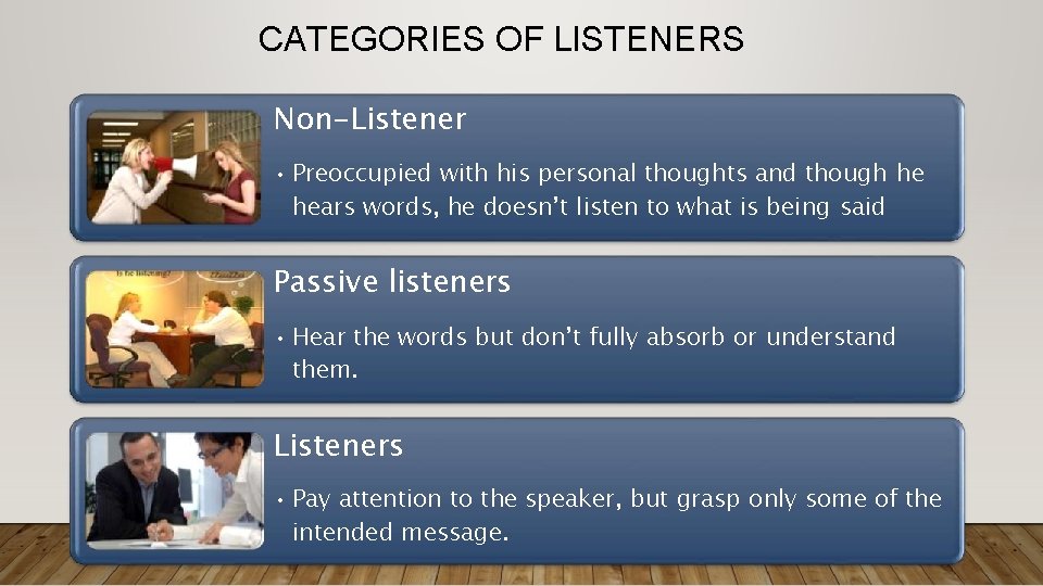 CATEGORIES OF LISTENERS Non-Listener • Preoccupied with his personal thoughts and though he hears