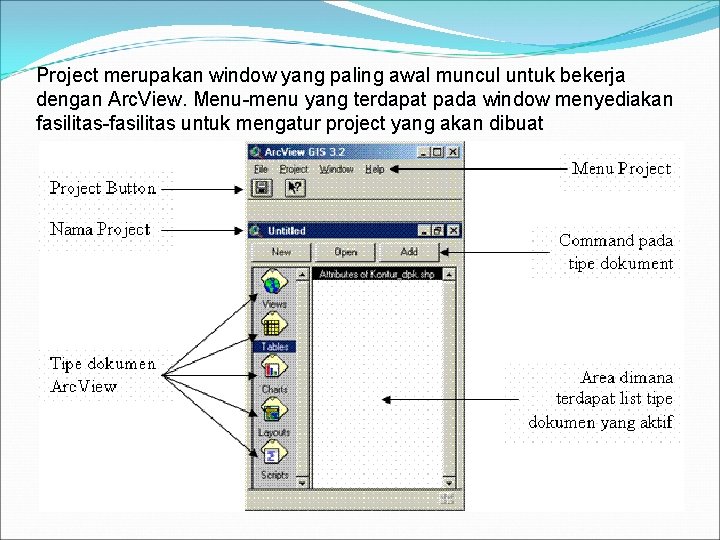 Project merupakan window yang paling awal muncul untuk bekerja dengan Arc. View. Menu-menu yang