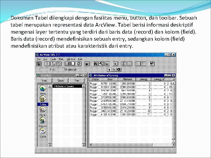 Dokumen Tabel dilengkapi dengan fasilitas menu, button, dan toolbar. Sebuah tabel merupakan representasi data