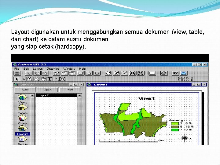 Layout digunakan untuk menggabungkan semua dokumen (view, table, dan chart) ke dalam suatu dokumen