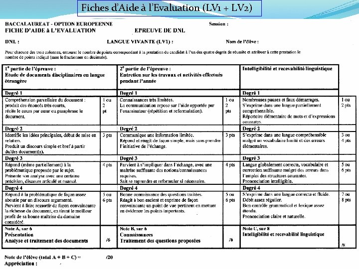 Fiches d’Aide à l’Evaluation (LV 1 + LV 2) 