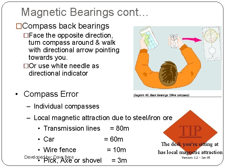 Magnetic Bearings cont… �Compass back bearings �Face the opposite direction, turn compass around &