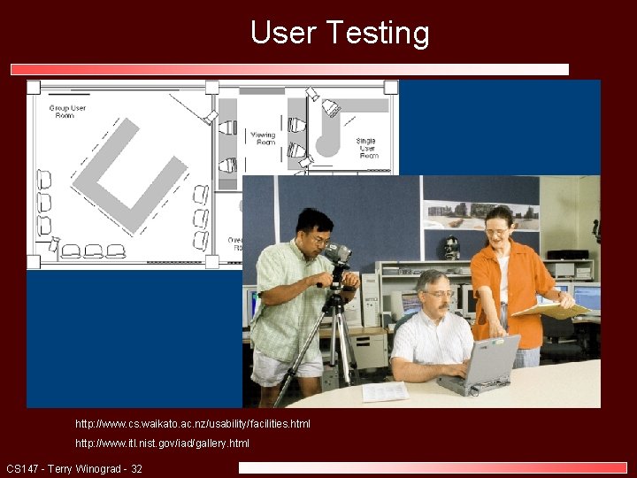 User Testing http: //www. cs. waikato. ac. nz/usability/facilities. html http: //www. itl. nist. gov/iad/gallery.