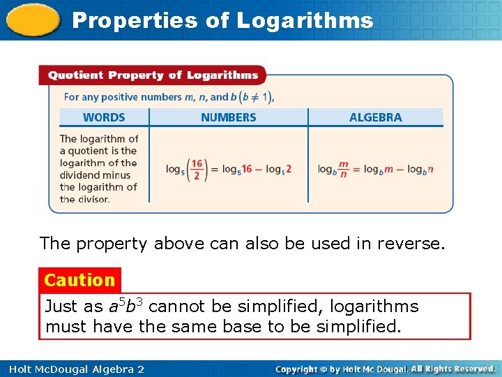 Properties of Logarithms The property above can also be used in reverse. Caution Just