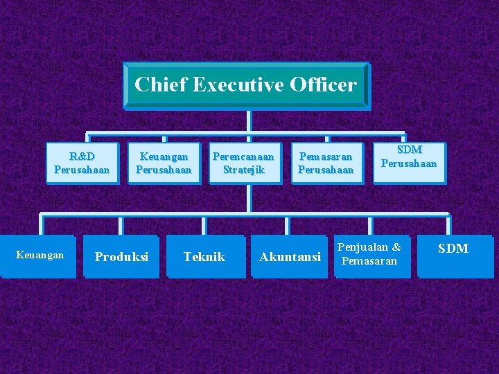 Chief Executive Officer R&D Perusahaan Keuangan Perusahaan Produksi Perencanaan Stratejik Teknik Pemasaran Perusahaan Akuntansi