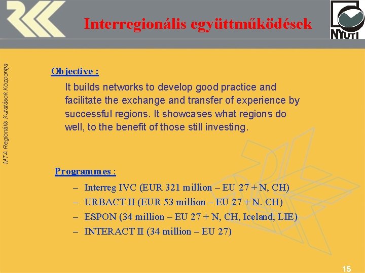 MTA Regionális Kutatások Központja Interregionális együttműködések Objective : It builds networks to develop good