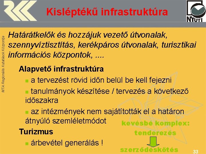 MTA Regionális Kutatások Központja Kisléptékű infrastruktúra Határátkelők és hozzájuk vezető útvonalak, szennyvíztisztítás, kerékpáros útvonalak,