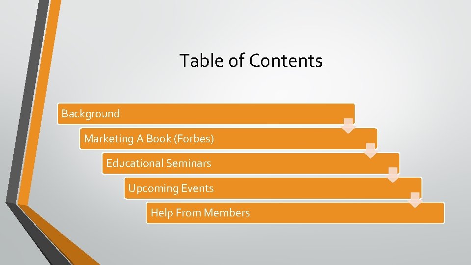 Table of Contents Background Marketing A Book (Forbes) Educational Seminars Upcoming Events Help From