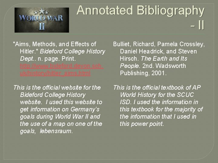 Annotated Bibliography - II "Aims, Methods, and Effects of Hitler. " Bideford College History