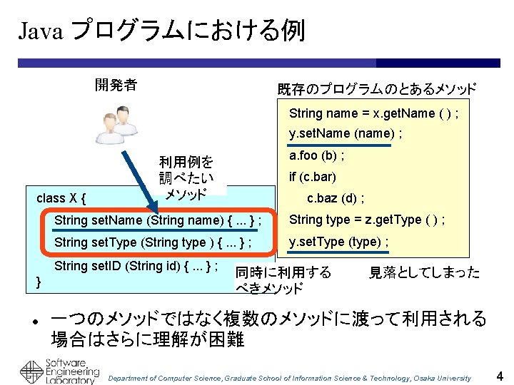 Java プログラムにおける例 開発者 既存のプログラムのとあるメソッド String name = x. get. Name ( ) ; y.