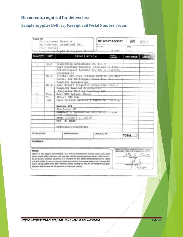 Documents required for deliveries: Sample Supplier Delivery Receipt and Serial Number Forms Dep. Ed Documents required for deliveries: Sample Supplier Delivery Receipt and Serial Number Forms Dep. Ed