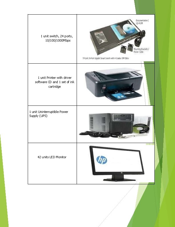 1 unit switch, 24 ports, 10/1000 Mbps 1 unit Printer with driver software CD 1 unit switch, 24 ports, 10/1000 Mbps 1 unit Printer with driver software CD