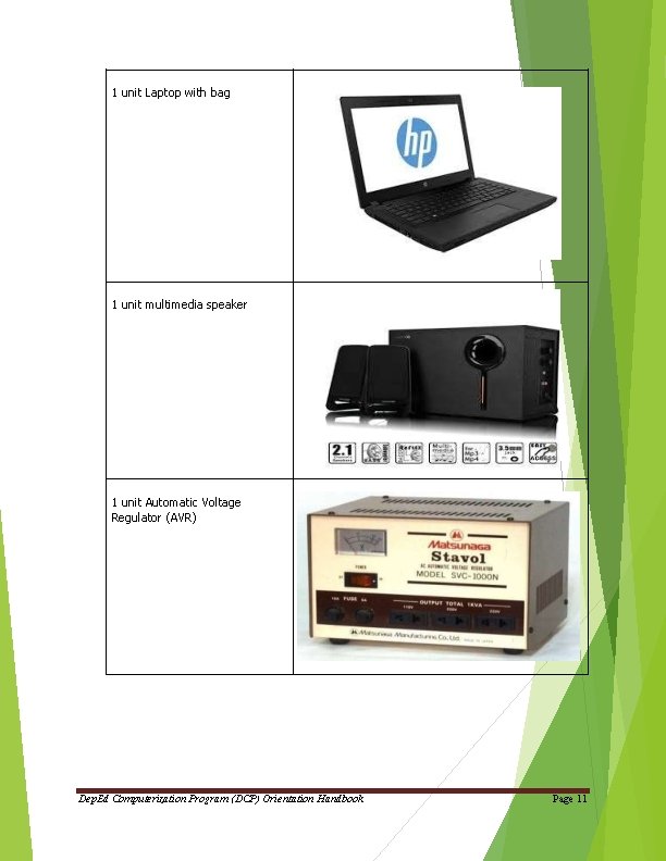 1 unit Laptop with bag 1 unit multimedia speaker 1 unit Automatic Voltage Regulator 1 unit Laptop with bag 1 unit multimedia speaker 1 unit Automatic Voltage Regulator