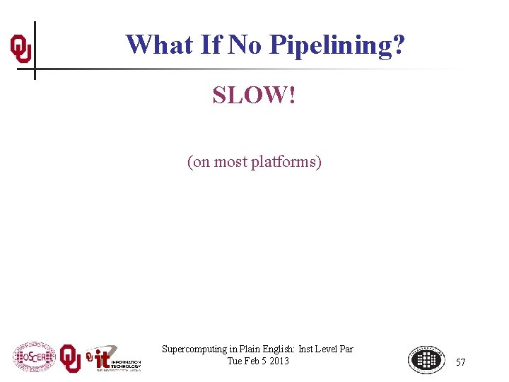 What If No Pipelining? SLOW! (on most platforms) Supercomputing in Plain English: Inst Level