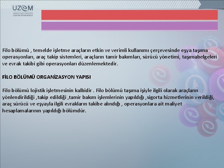 Filo bölümü , temelde işletme araçların etkin ve verimli kullanımı çerçevesinde eşya taşıma operasyonları,