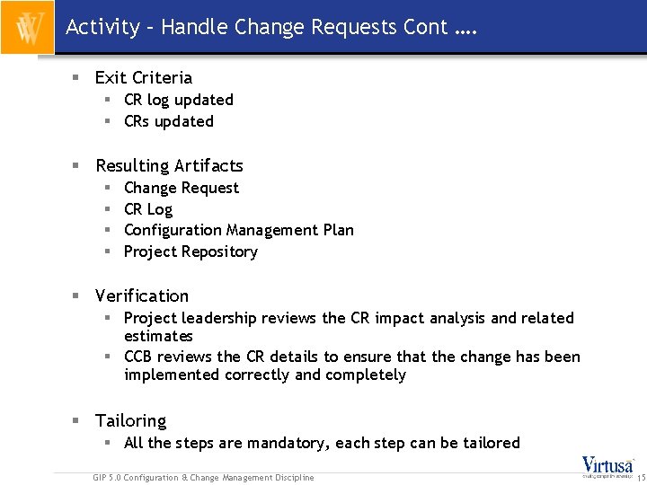Activity – Handle Change Requests Cont …. § Exit Criteria § CR log updated