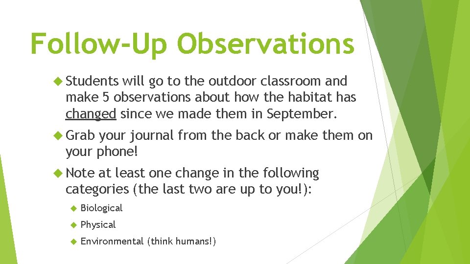 Follow-Up Observations Students will go to the outdoor classroom and make 5 observations about