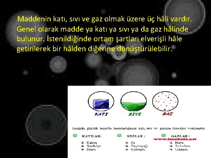 Maddenin katı, sıvı ve gaz olmak üzere üç hâli vardır. Genel olarak madde ya