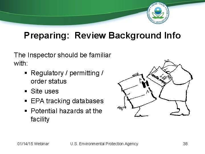 Preparing: Review Background Info The Inspector should be familiar with: § Regulatory / permitting Preparing: Review Background Info The Inspector should be familiar with: § Regulatory / permitting