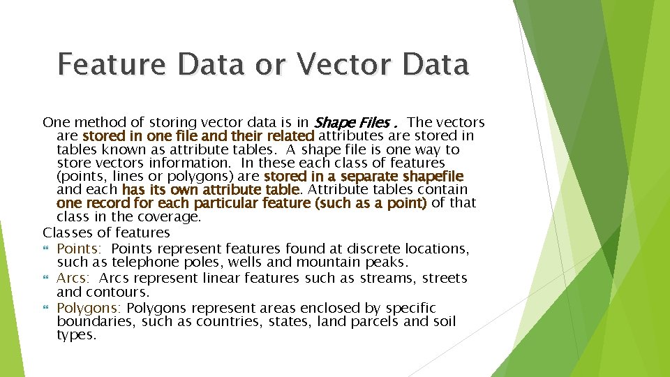 Feature Data or Vector Data One method of storing vector data is in Shape