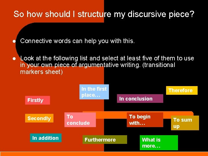 So how should I structure my discursive piece? l Connective words can help you