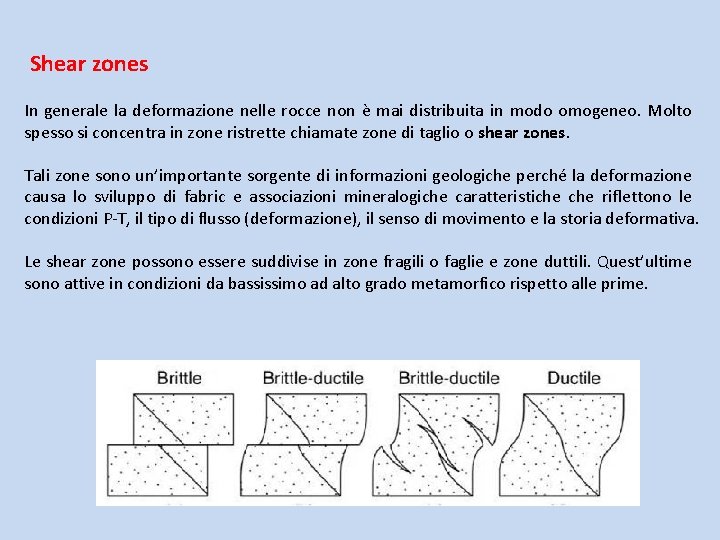 Shear zones In generale la deformazione nelle rocce non è mai distribuita in modo