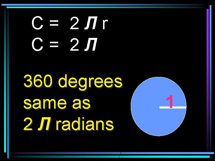 C= 2 Лr C= 2 Л 360 degrees same as 2 Л radians 1